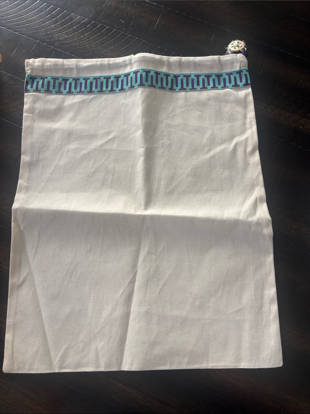 Tory Burch White Canvas Drawstring Dust Bag with Blue Geometric Trim